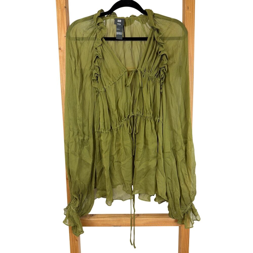 Lilith Green Long Sleeve Sheer Tie-Up Silk Top - Size XL